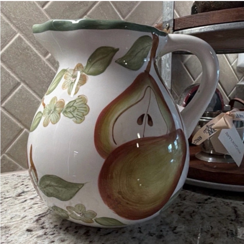 American Atelier White Ceramic Pitcher with Green Rim and Pear Motif